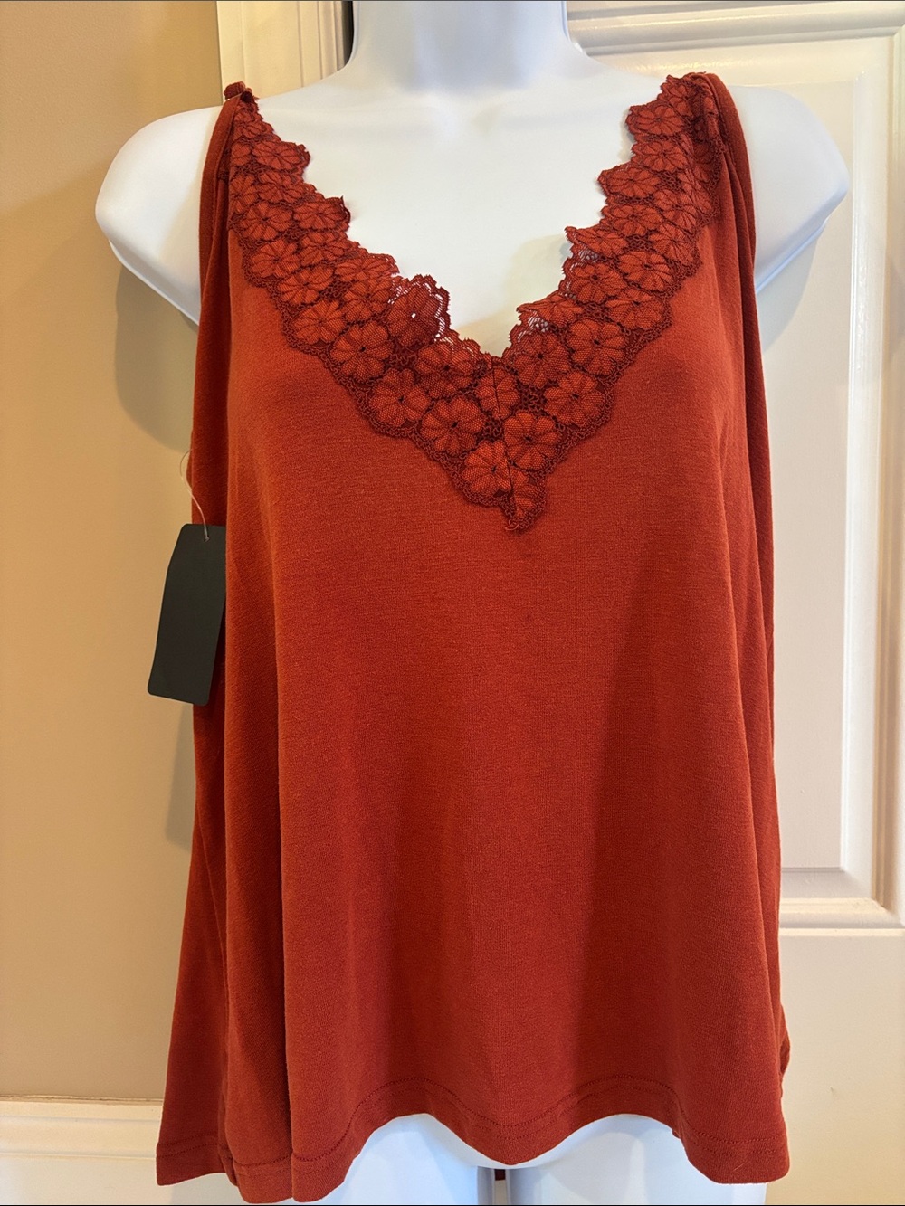 POL Rust Lace-Trim V-Neck Tank